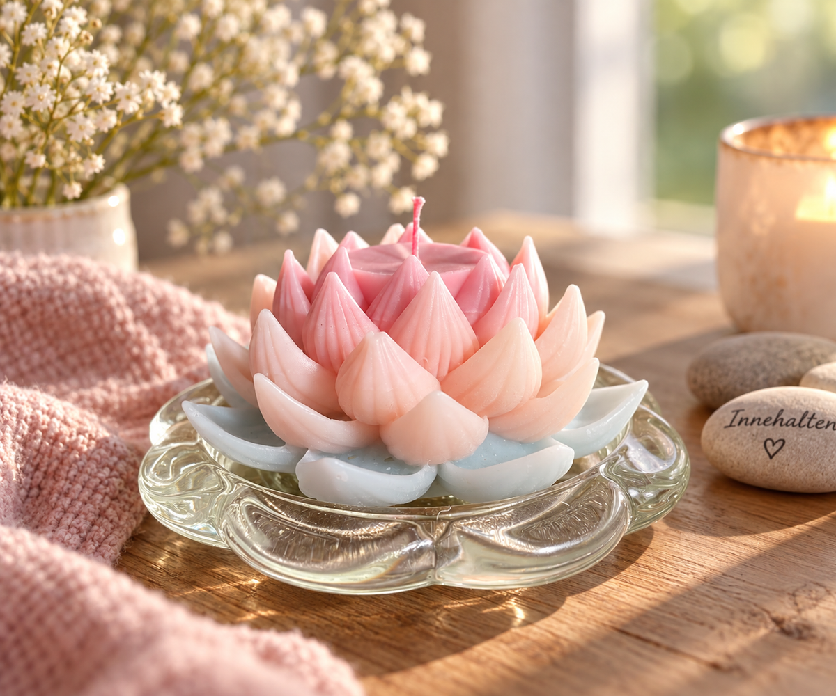 Handgegossene Lotuskerze in Rosa und Hellblau auf Glasteller in gemütlicher Wohnatmosphäre – Regenbogen Creations