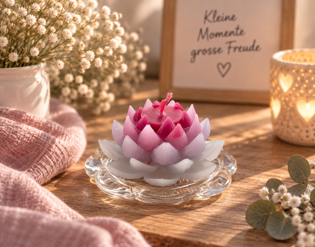 Handgemachte Lotuskerze in Rosa, Lila und Weiß auf Glasteller in gemütlicher Dekoration – Regenbogen Creations