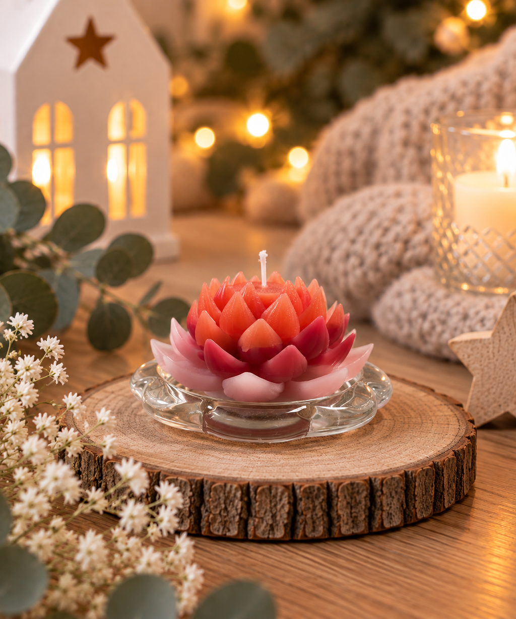  Rosa-rote Lotuskerze aus recycelten Kerzenresten auf Glasteller in gemütlicher Dekoration – handgemacht von Regenbogen Creations.
