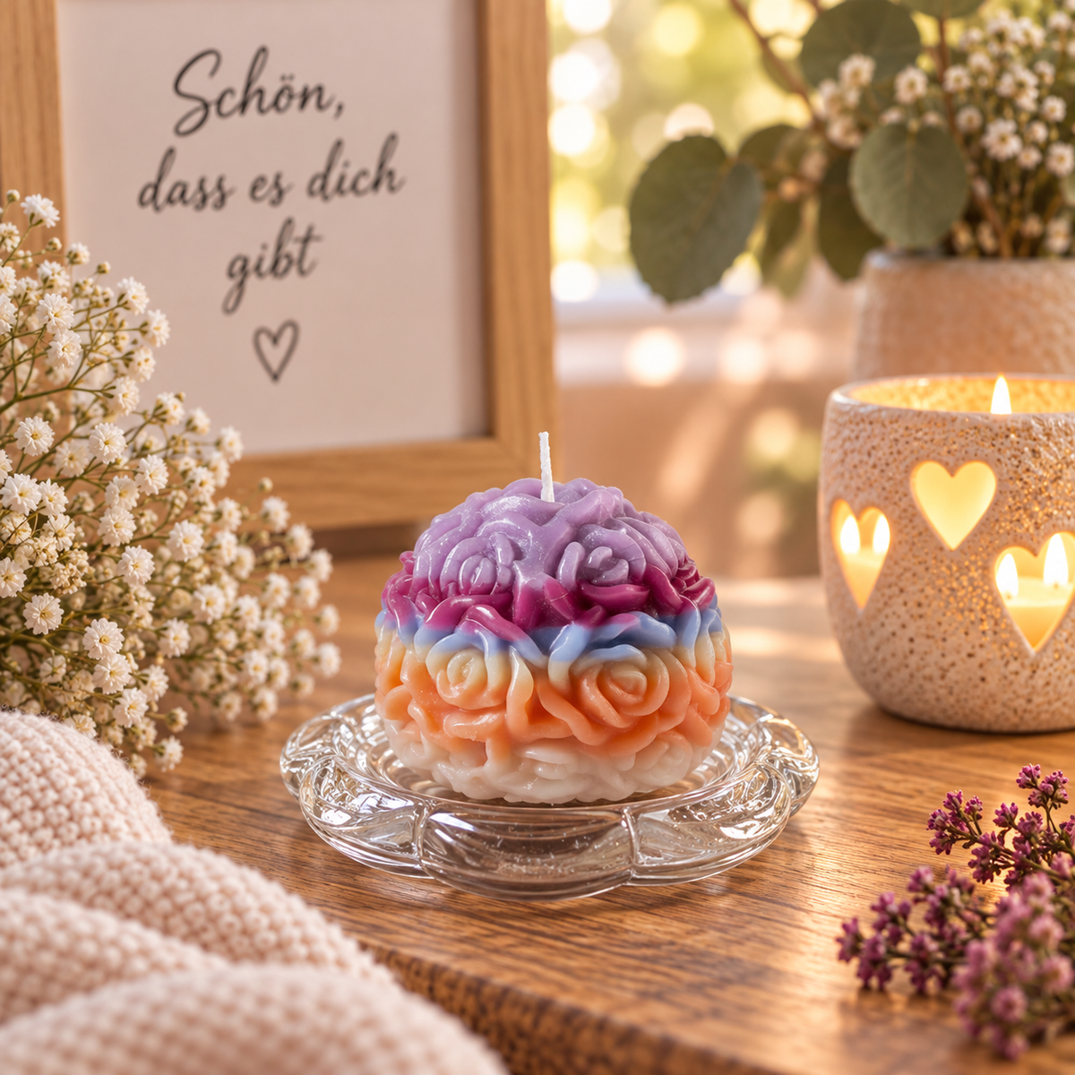 Handgegossene mehrfarbige Rosenkerze in Lila, Rosa, Blau und Apricot in gemütlichem Wohnambiente