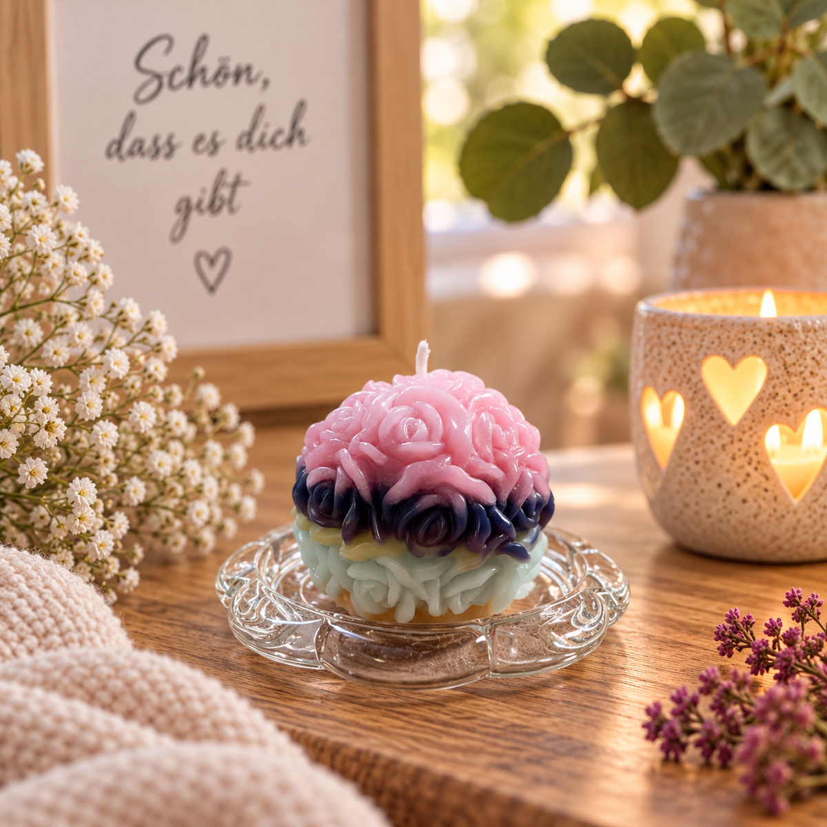 Handgegossene mehrfarbige Rosenkerze in Rosa, Violett und Mint in gemütlichem Wohnambiente