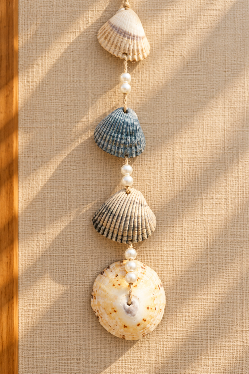 Detailaufnahme einer handgemachten Muschelgirlande mit Naturmuscheln und Perlen auf beigem Hintergrund