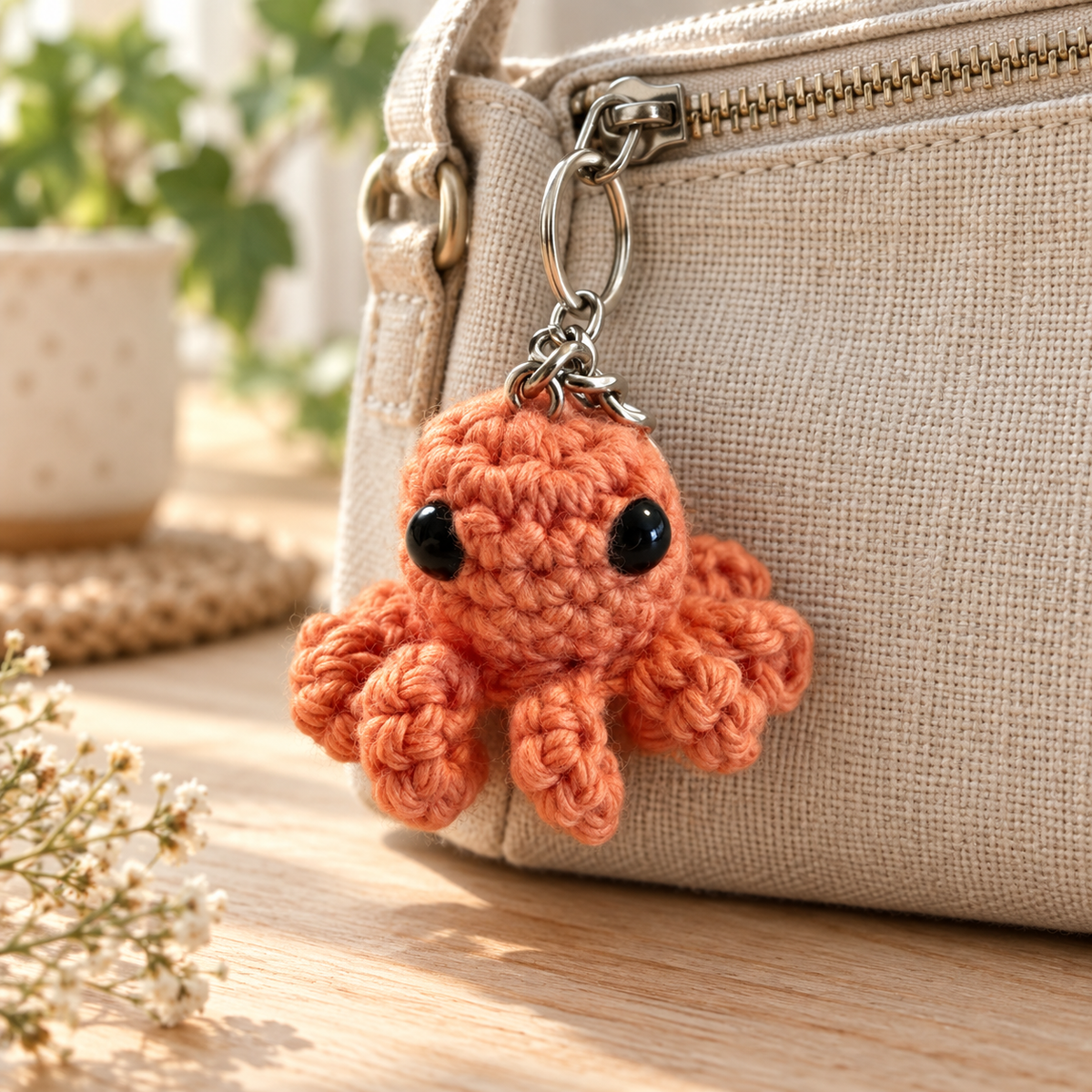 Gehäkelter Oktopus-Schlüsselanhänger in Apricot an einer hellen Leinentasche.