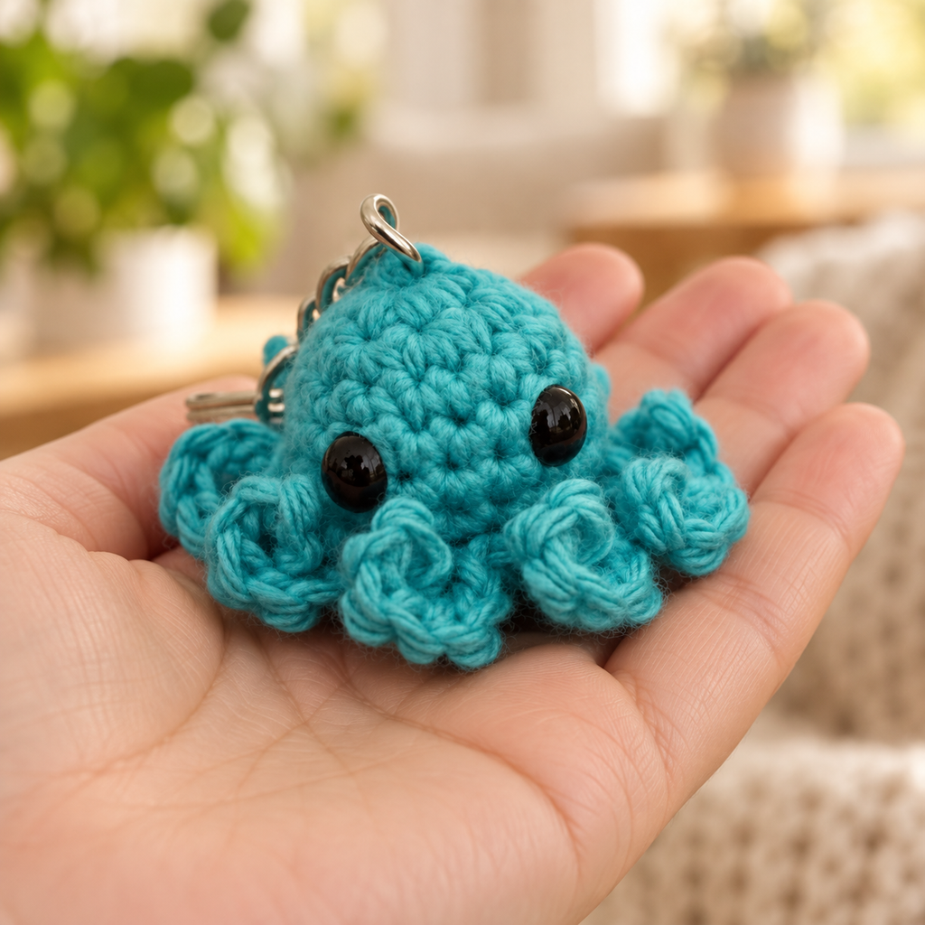 Türkis gehäkelter Oktopus-Schlüsselanhänger als Amigurumi in einer Hand