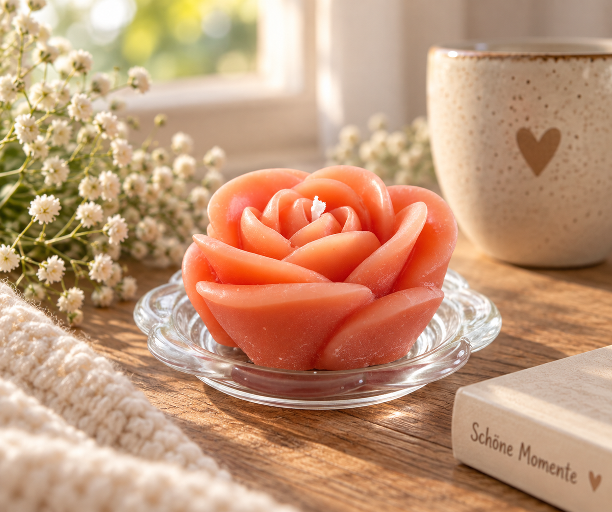 Handgemachte orange Rosenkerze auf Glasschale in gemütlicher Wohnatmosphäre