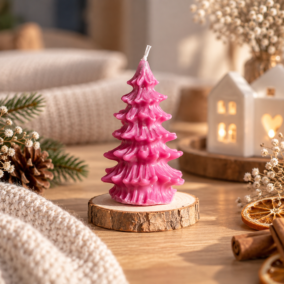 Handgemachte pinke Weihnachtsbaum-Kerze auf Holzscheibe in gemütlicher Weihnachtsdekoration.