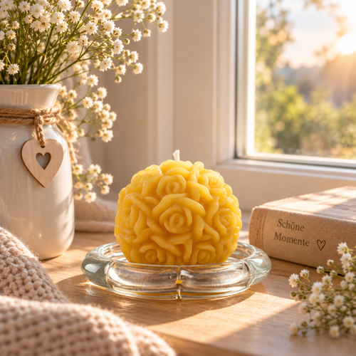 Gelbe handgemachte Rosenkerze auf Glasteller am sonnigen Fenster mit Blumen dekoriert – Regenbogen Creations.