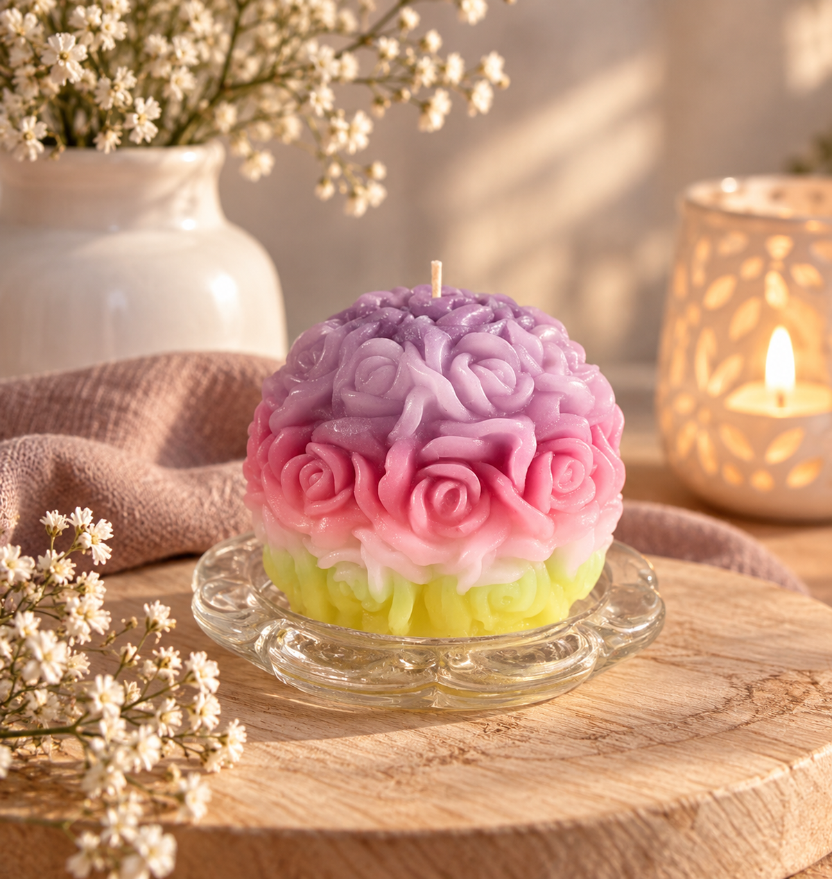 Handgegossene Rosenkerze in Rosa, Lila und Gelb aus Upcycling-Wachs als Dekoration