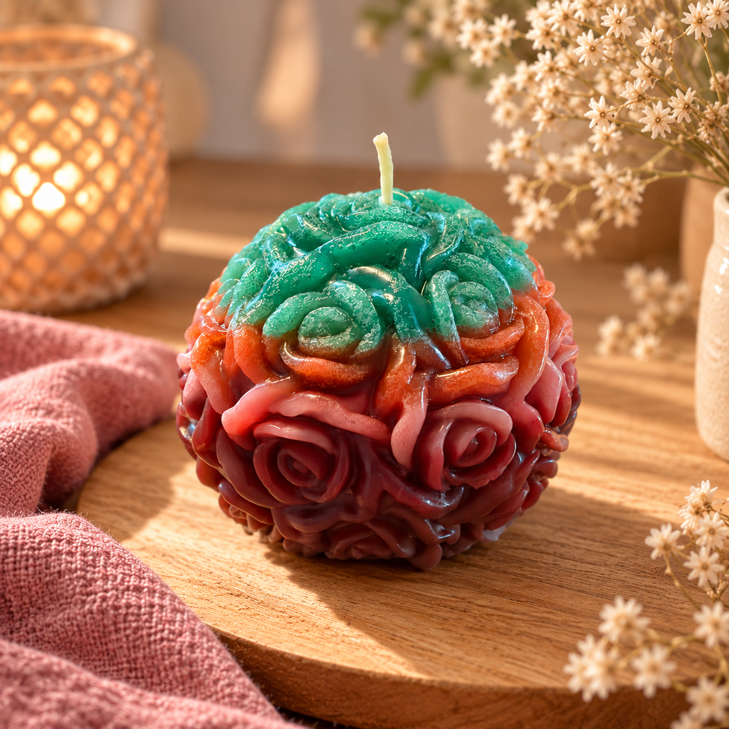 Handgemachte Rosenkerze in Grün und Rosatönen als dekorative Kerze
