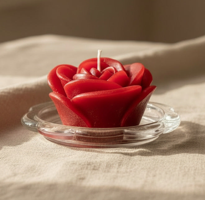 Rote Rosenkerze auf Glasuntersetzer – handgemachte Dekokerze in Rosenform