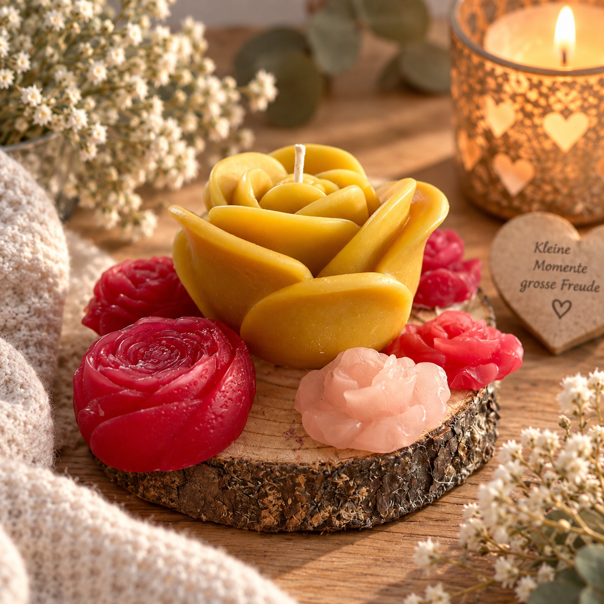Handgemachte Rosenkerzen in Gelb, Rot und Rosa auf natürlicher Holzscheibe in gemütlicher Dekoration – Regenbogen Creations
