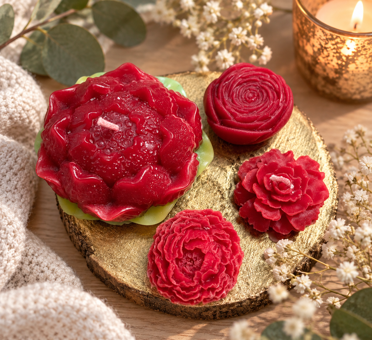 Rote handgegossene Blumenkerzen auf goldener Holzscheibe in gemütlicher Dekoration – Regenbogen Creations