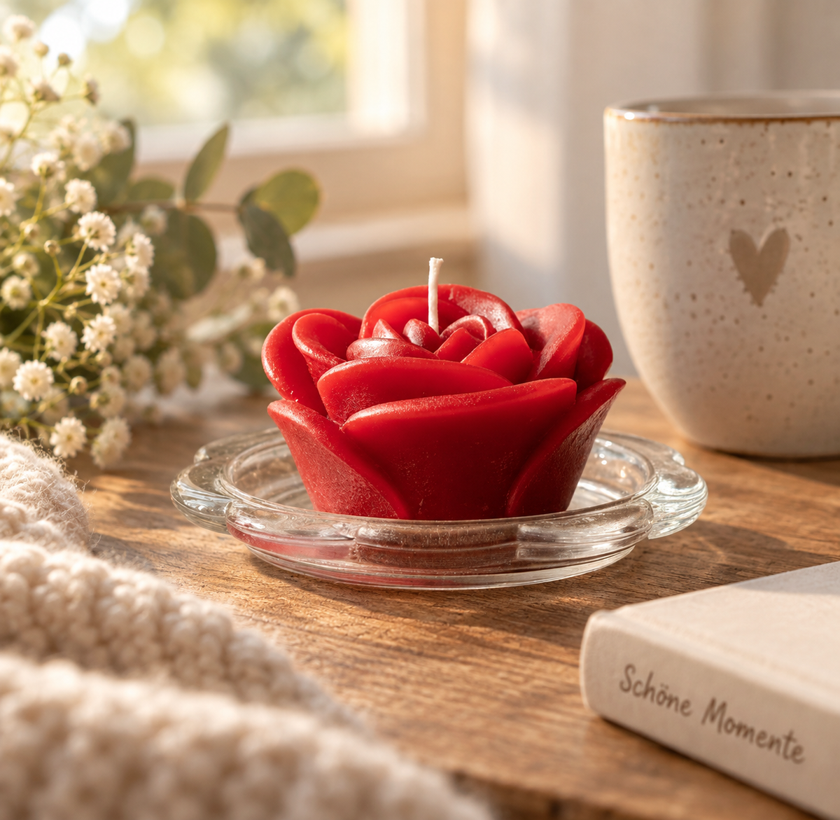 Handgemachte rote Rosenkerze auf Glasschale in gemütlicher Wohnatmosphäre