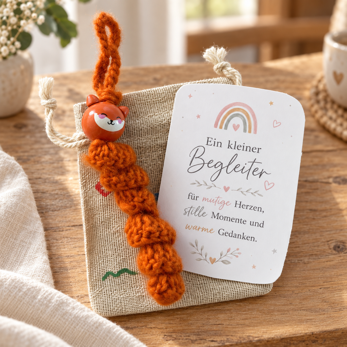 Orangefarbener gehäkelter Sorgenfuchs auf einem Jutesäckchen mit der Karte „Ein kleiner Begleiter“ auf einem Holztisch im warmen Tageslicht.
