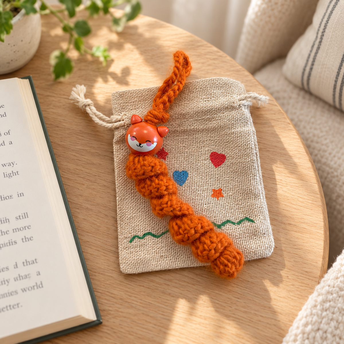 Orangefarbener gehäkelter Sorgenfuchs auf einem bemalten Jutesäckchen, neben einem aufgeschlagenen Buch auf einem hellen Holztisch.