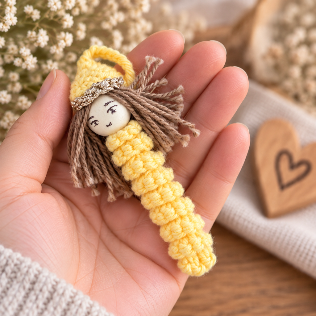 Gelbes handgemachtes Sorgenwürmchen mit braunen Haaren und goldenem Detail, liebevoll in einer Hand gehalten.
