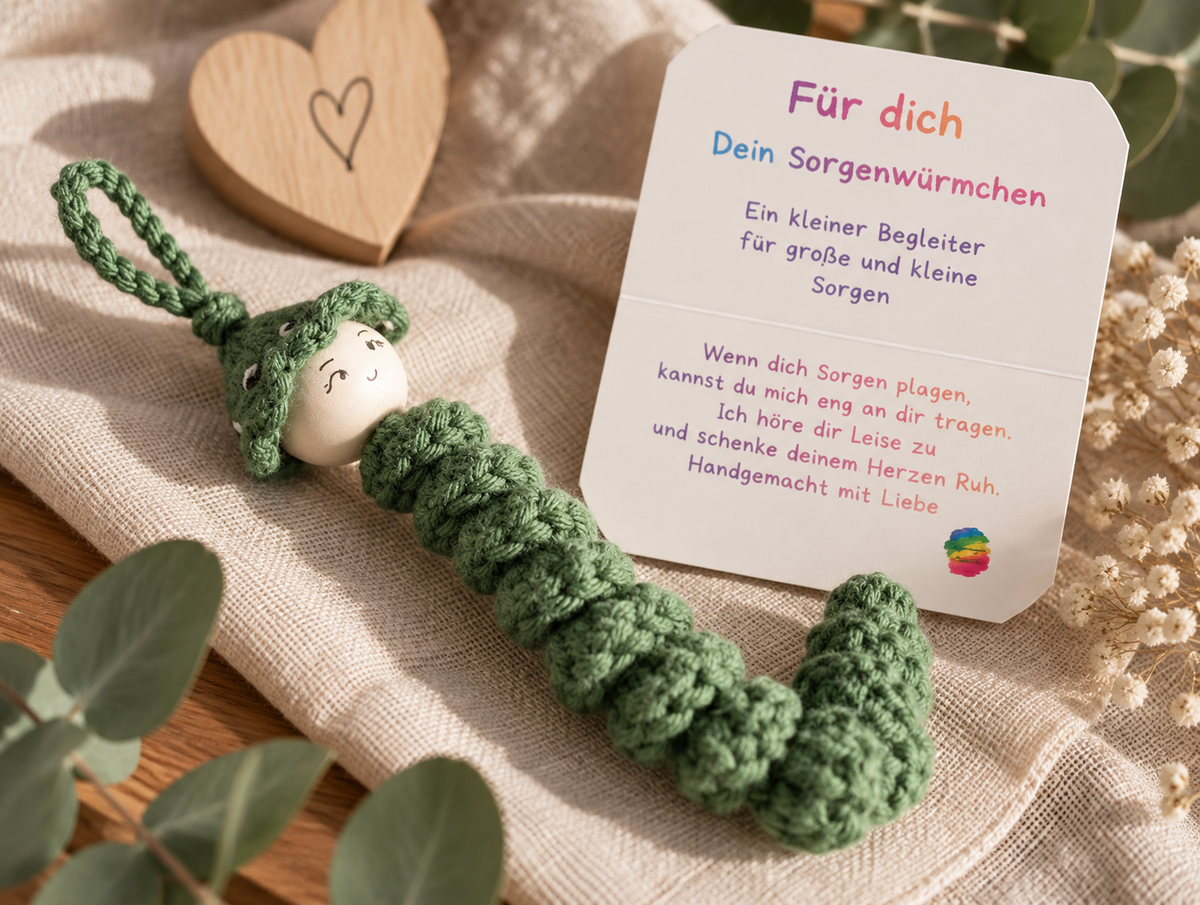 Handgemachtes grünes Sorgenwürmchen mit liebevollem Kärtchen „Für dich“ als kleiner Begleiter und Glücksbringer.
