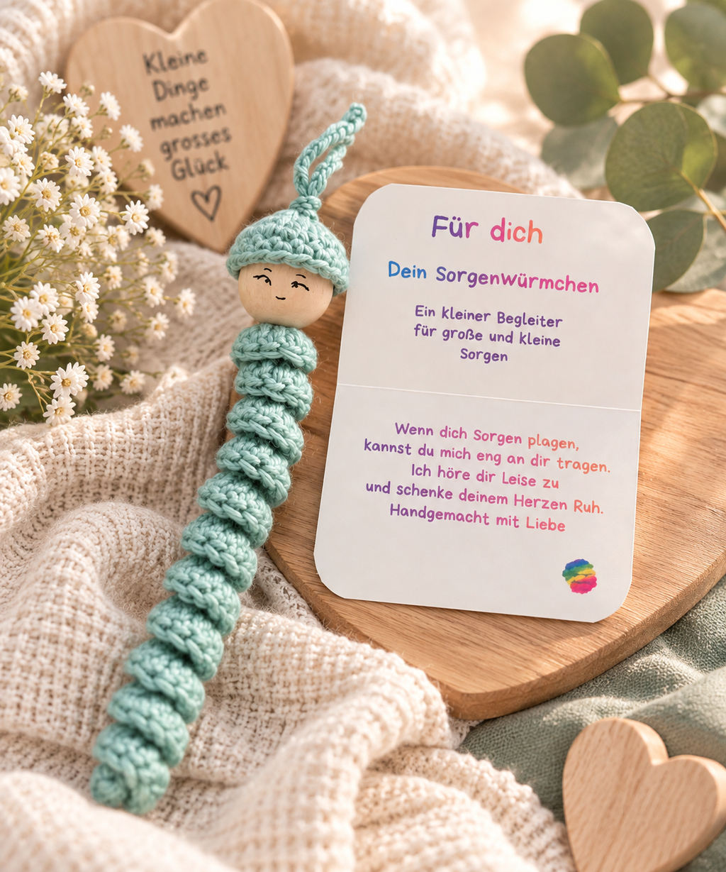 Hellblaues gehäkeltes Sorgenwürmchen mit liebevollem Kärtchen als kleine handgemachte Geschenkidee.