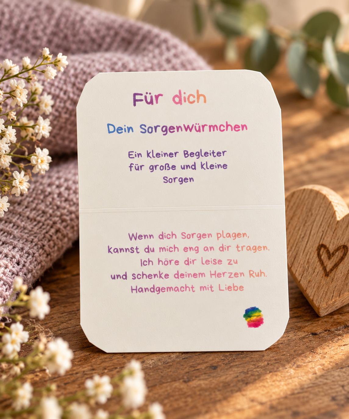 Karte zum Sorgenwürmchen mit liebevollem Spruch – handgemachter kleiner Begleiter für große und kleine Sorgen