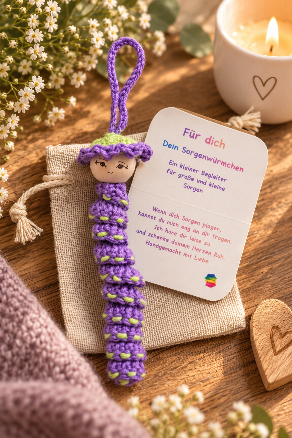 Ein kleines Sorgenwürmchen, das Mut macht und ein Lächeln schenkt, Produktansicht