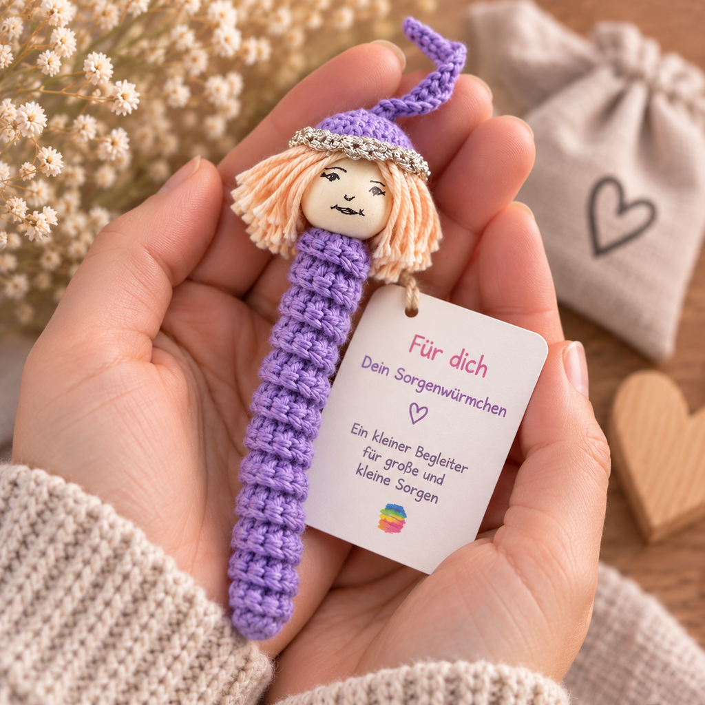 Handgemachtes lila Sorgenwürmchen mit Kärtchen, liebevoll in zwei Händen gehalten.