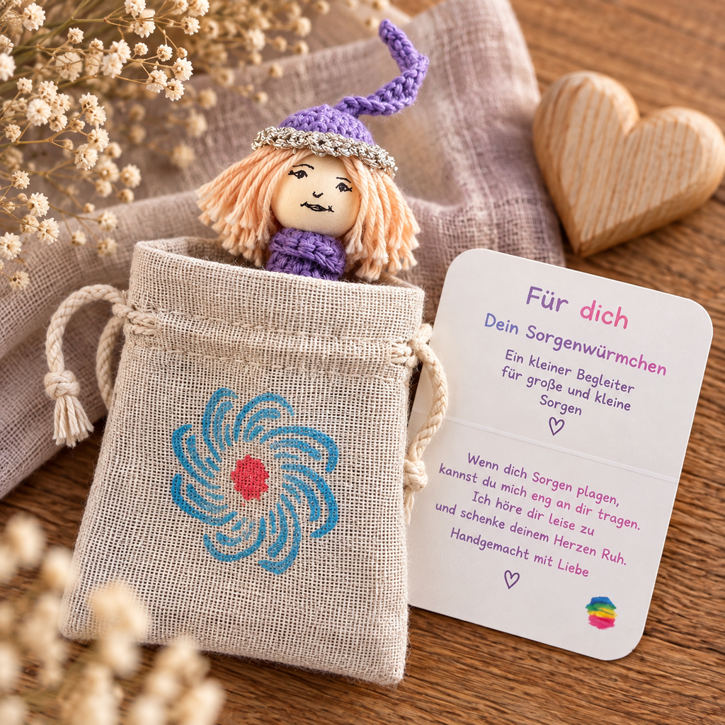 Handgemachtes lila Sorgenwürmchen mit Kärtchen und Leinensäckchen, liebevoll als kleine Geschenkidee dekoriert.