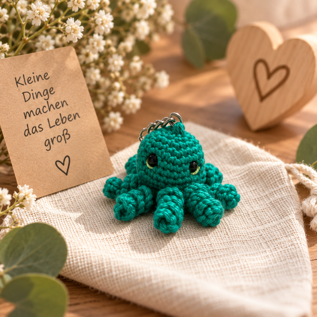 Gehäkelter Oktopus Schlüsselanhänger – Amigurumi handgemacht in Grün, Produktansicht