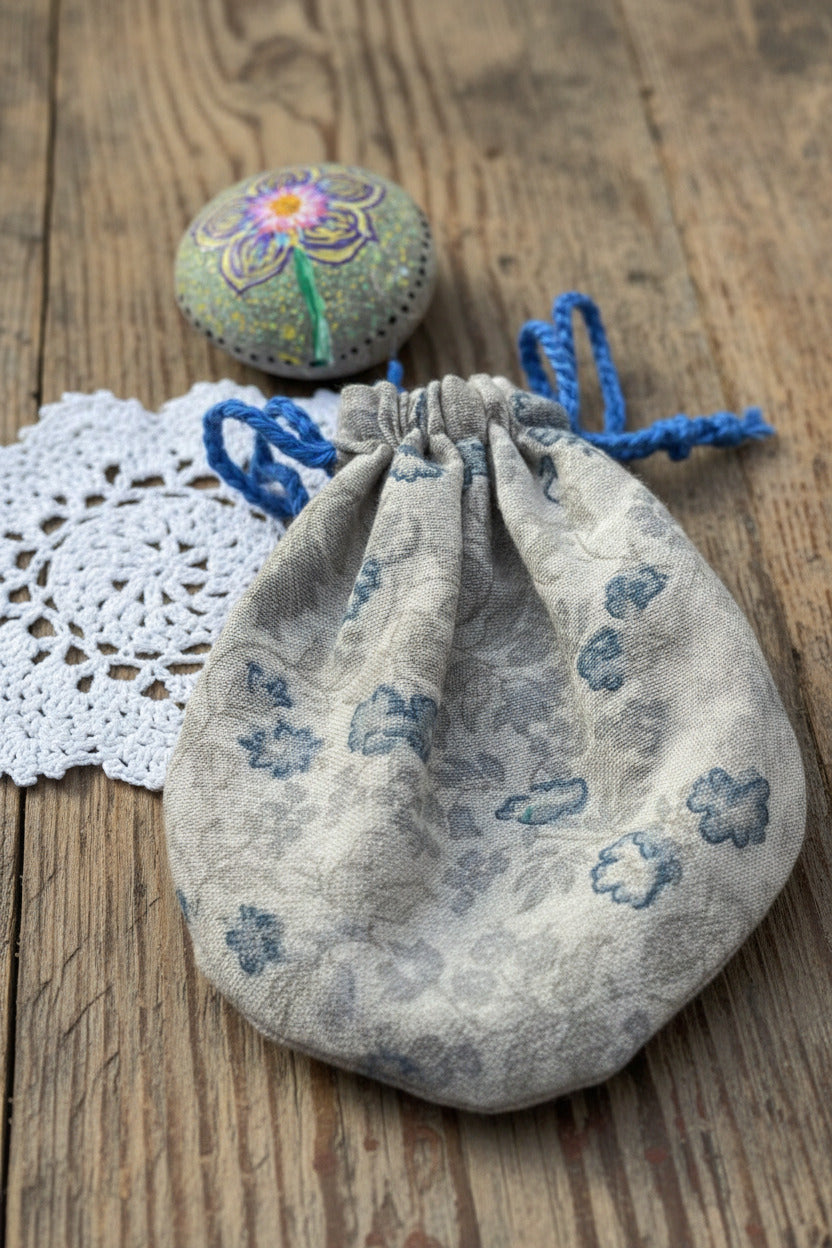 Handgenähtes Stoffbeutelchen mit blauem Band und floralem Muster