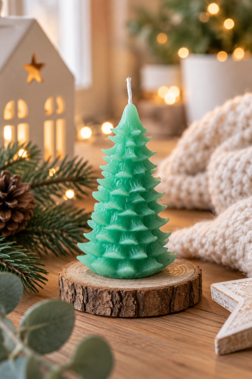 Grüne handgemachte Weihnachtsbaum-Kerze aus Kerzenresten in gemütlicher Weihnachtsdekoration