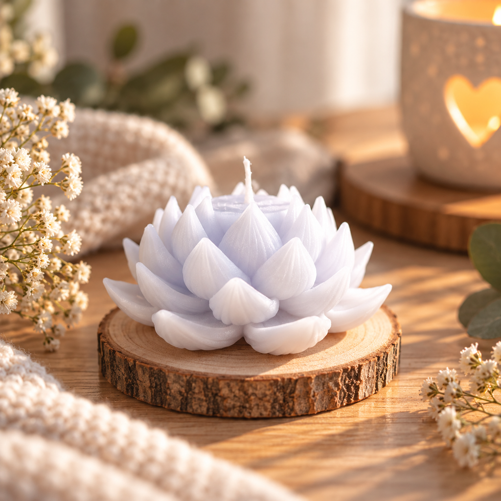 Handgemachte weiße Lotuskerze auf Holzscheibe in gemütlicher Dekoration mit weißen Blumen.